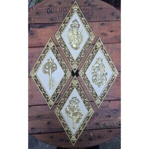 4 Hollywood Regency Diamond Shaped Wall Plaques Key Keyhole Violin Bouquet DART